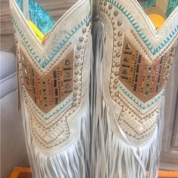 New Corral Crystal Embroidered Fringe Snip Toe Boots 8.5 Bone Multi - Picture 6 of 9